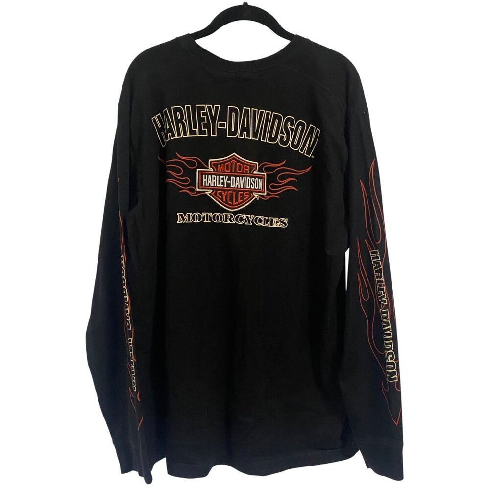 Harley-Davidson Black Embroidered Long Flame‎ Sleeve Shirt Mens Size XL Vintage